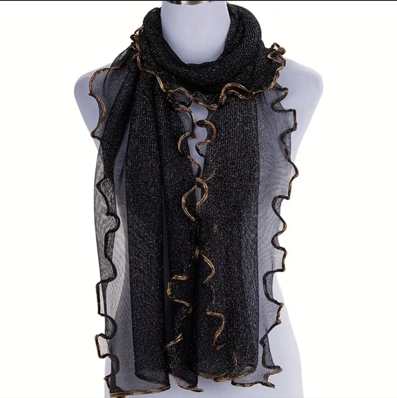 Scarf Black With Gold Sparkles and Gold Ruffle Edge - Picture 1 of 2
